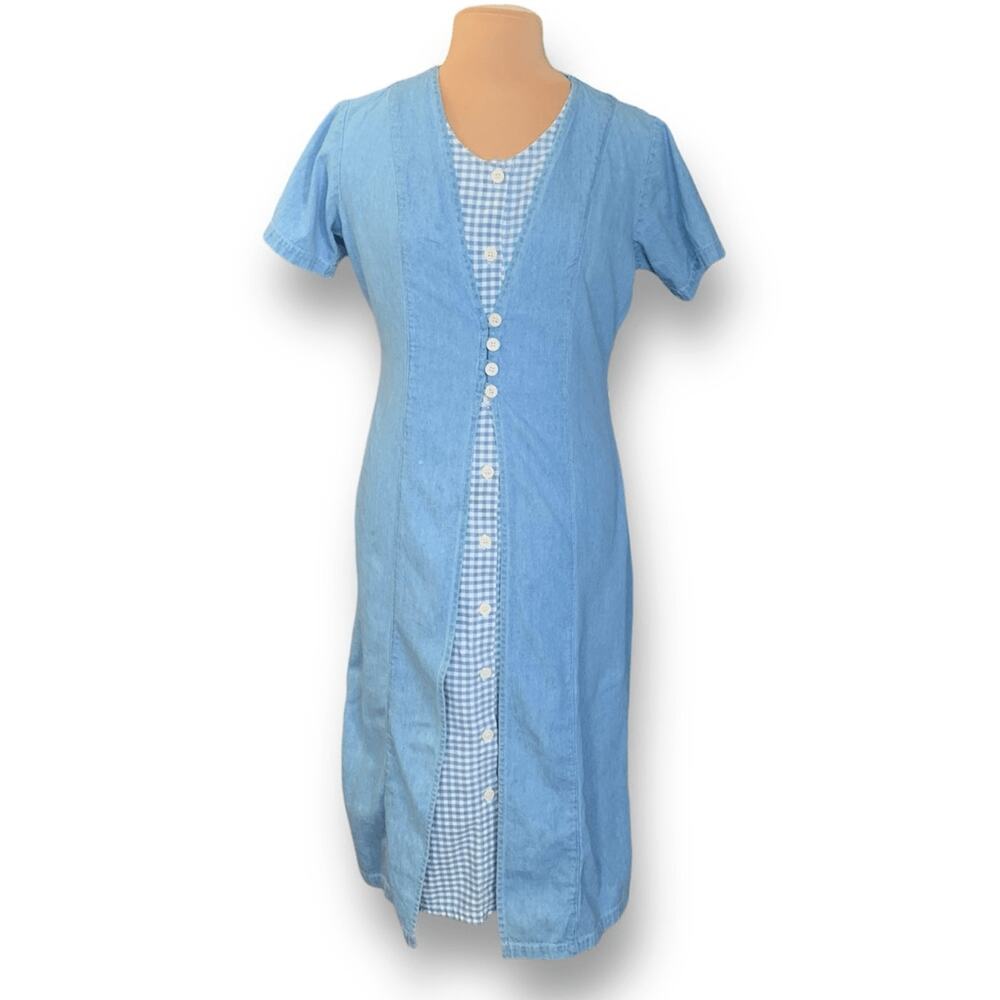 Vintage 90s Chambray Gingham Plaid Midi Dress Button Front Cottagecore Medium